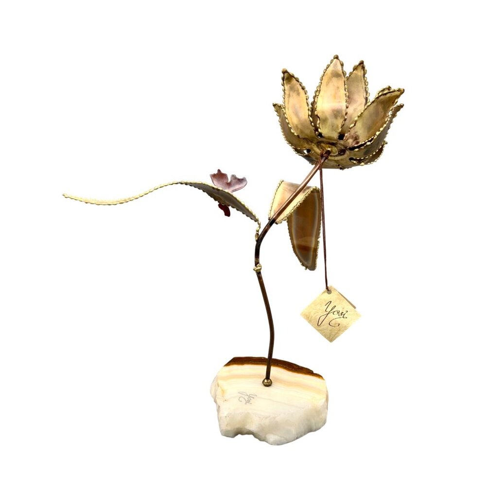 Vintage Yosi Brutalist Metal Flower Sculpture with Butterfly Onyx Base 12"H - Picture 5 of 11